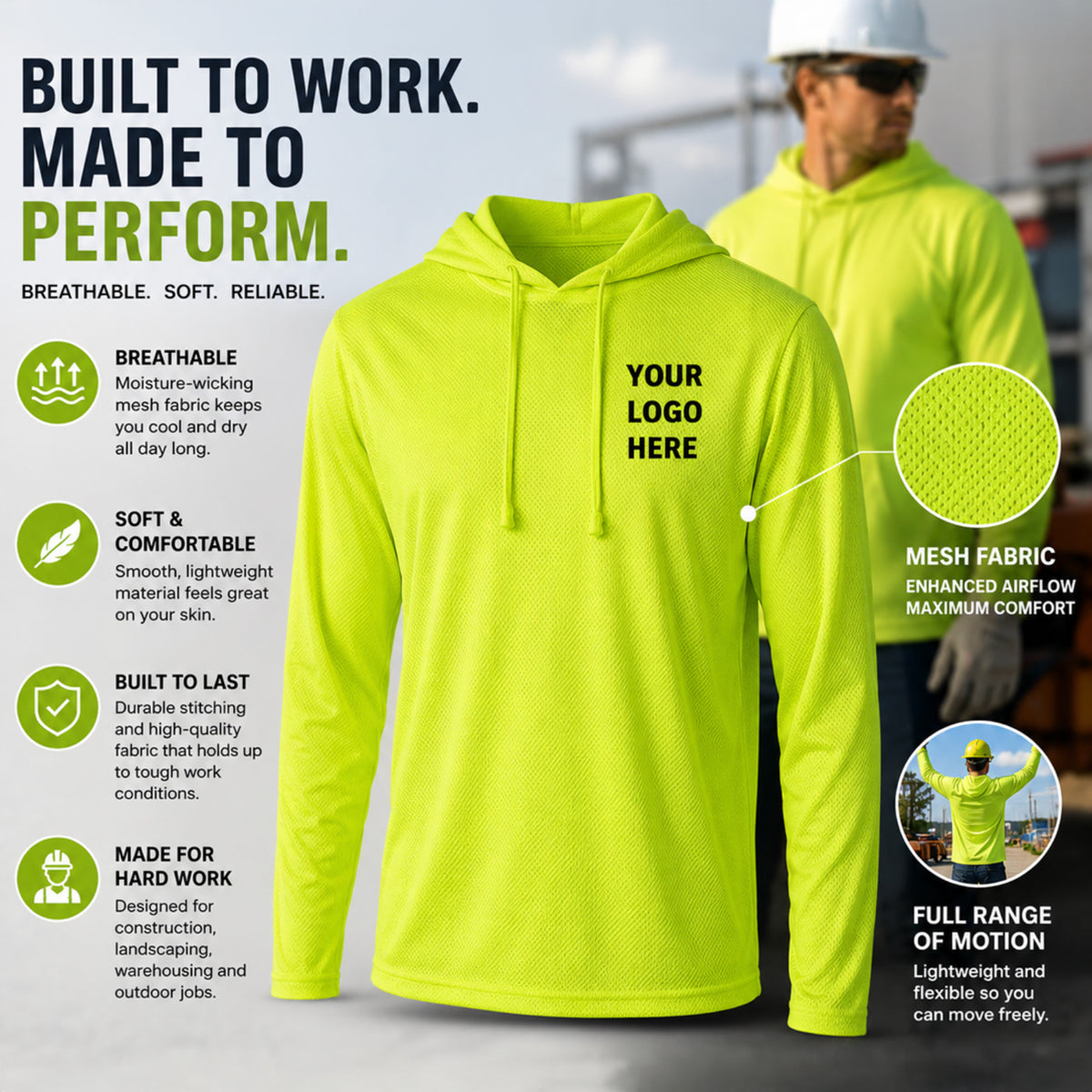 Custom High-Vis Mesh Workwear Hoodie – Add Your Logo (Left Chest & Back) | BeePro Merch